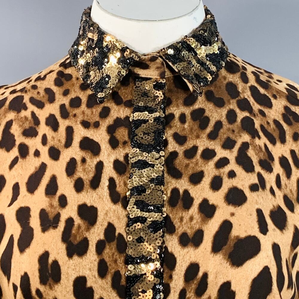 DOLCE & GABBANA Size L Brown Viscose Blend Leopard Sequin Trim Snaps Shirt - Picture 2 of 9